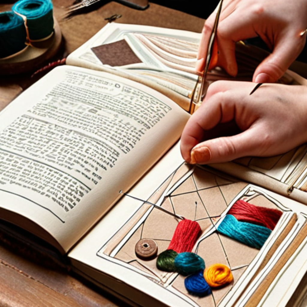 **Handmade Bookbinding:** A cozy workshop setting, showcasing hands carefully stitching a unique journal with textured paper and colorful threads. Tools like needles, awls, and decorative stamps are scattered around.