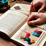 **Handmade Bookbinding:** A cozy workshop setting, showcasing hands carefully stitching a unique journal with textured paper and colorful threads. Tools like needles, awls, and decorative stamps are scattered around.