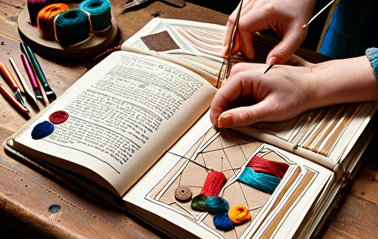 **Handmade Bookbinding:** A cozy workshop setting, showcasing hands carefully stitching a unique journal with textured paper and colorful threads. Tools like needles, awls, and decorative stamps are scattered around.