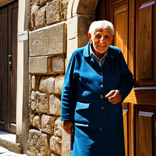 Home 8 A professional photograph of an elderly artisan in a quiet, narrow street of an ancient Italian town. The artisan, fully clothed in modest, traditional work attire, stands near an old wooden doorway. Warm, late afternoon sunlight casts long, soft shadows across the worn stone walls, highlighting intricate details and textures. The scene evokes a sense of timeless beauty and peaceful daily life. Perfect anatomy, correct proportions, natural pose, well-formed hands, proper finger count. Safe for work, appropriate content, fully clothed, professional, family-friendly.