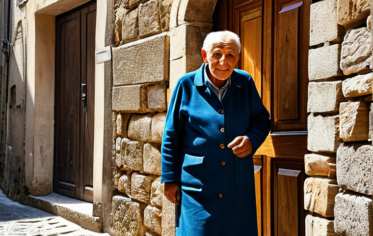 A professional photograph of an elderly artisan in a quiet, narrow street of an ancient Italian town. The artisan, fully clothed in modest, traditional work attire, stands near an old wooden doorway. Warm, late afternoon sunlight casts long, soft shadows across the worn stone walls, highlighting intricate details and textures. The scene evokes a sense of timeless beauty and peaceful daily life. Perfect anatomy, correct proportions, natural pose, well-formed hands, proper finger count. Safe for work, appropriate content, fully clothed, professional, family-friendly.